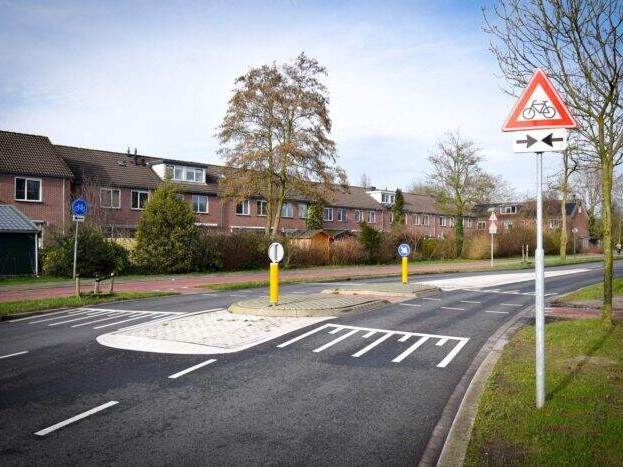 Twee richtingen autoweg met drempel voor de fietsoversteek. Ter hoogte van de fietsoversteek zit een eiland tussen de twee rijbanen.